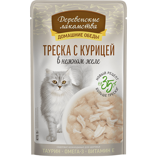 Деревенские Лакомства Треска с курицей пауч для кошек 70 г 