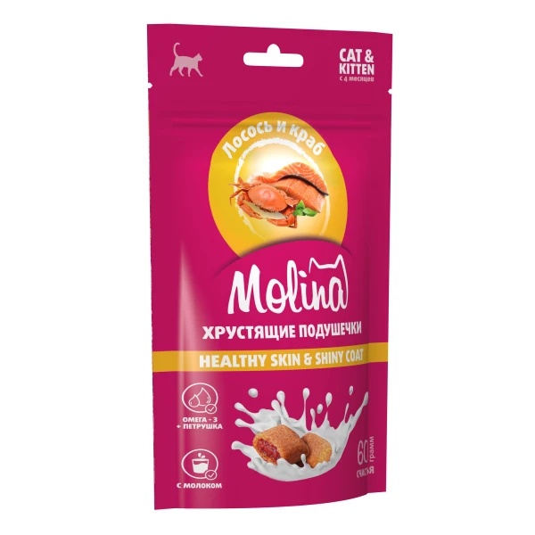 Подушечки Molina HEALTHY SKIN & SHINY COAT лосось и краб для кошек и котят 60 г 2