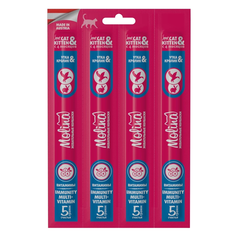 Колбаски жевательные Molina Immuno Multivitamin Утка Кролик для кошек и котят 20 г (4х5гр)