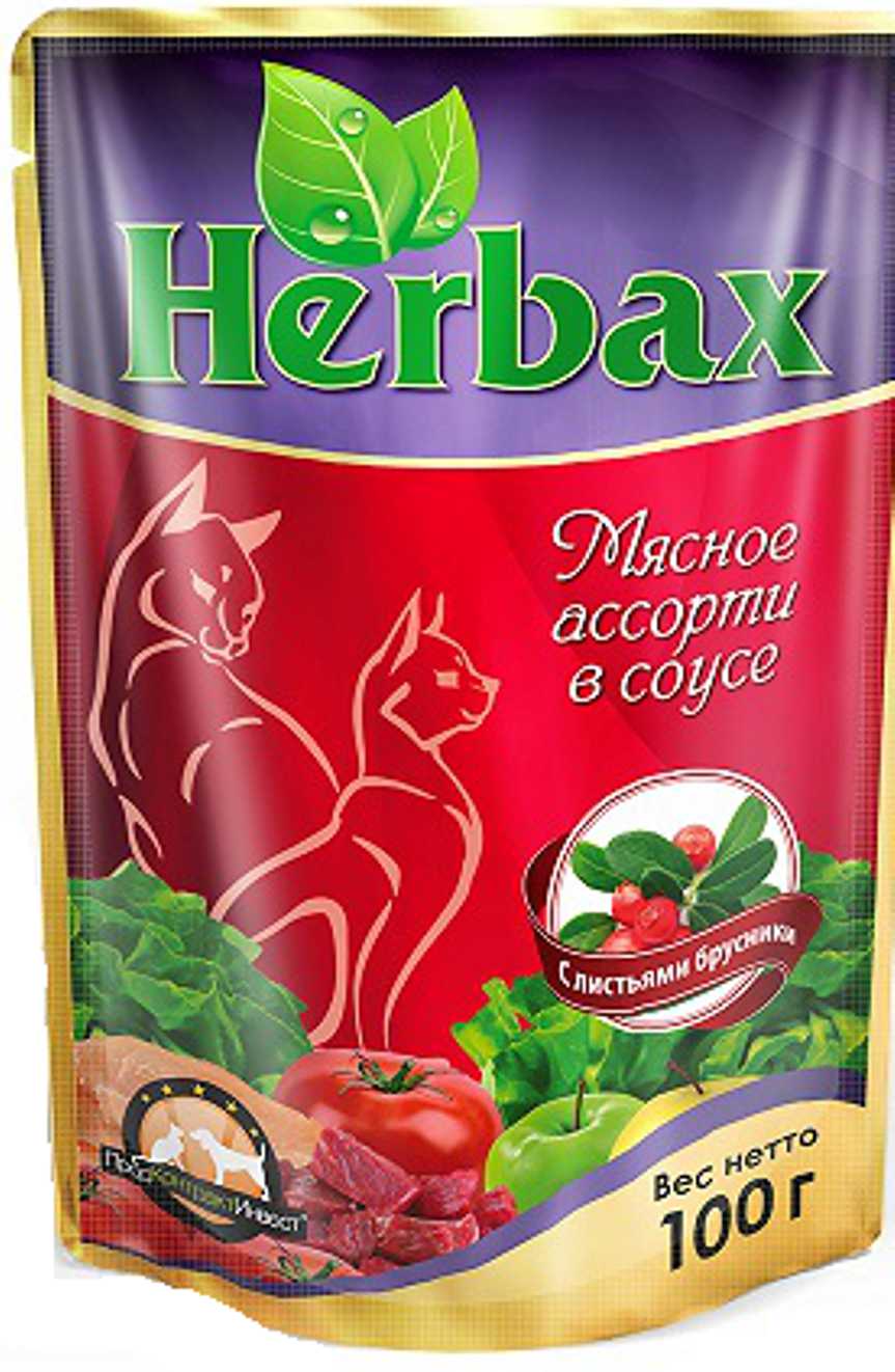 Herbax Мясное ассорти в соусе с листьями брусники пауч для кошек 100 г 1