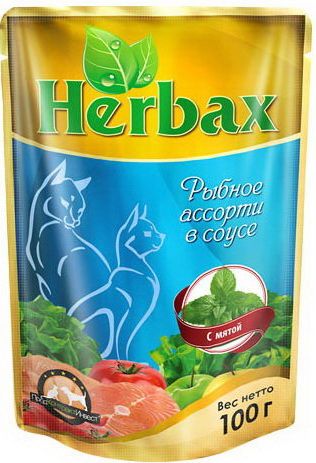 Herbax Рыбное ассорти в соусе с мятой пауч для кошек 100 г 1