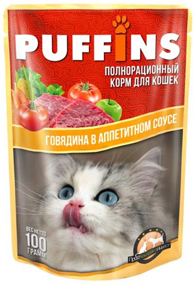 Puffins Говядина в соусе пауч для кошек 100 г 1