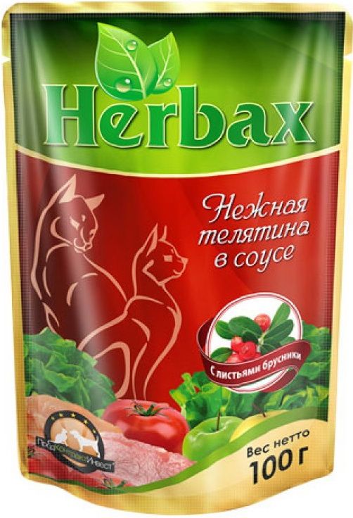 Herbax Телятина нежная в соусе с листьями брусники пауч для кошек 100 г 1