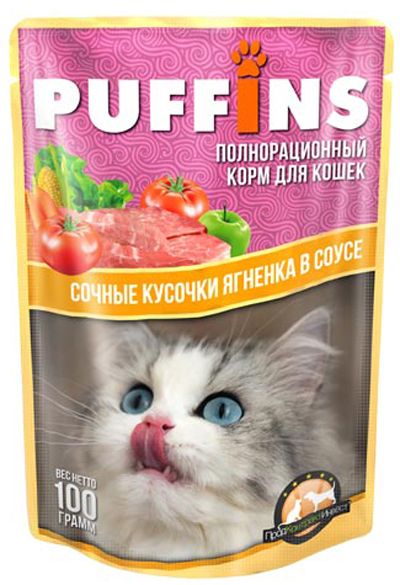 Puffins Ягненок в соусе пауч для кошек 100 г 1