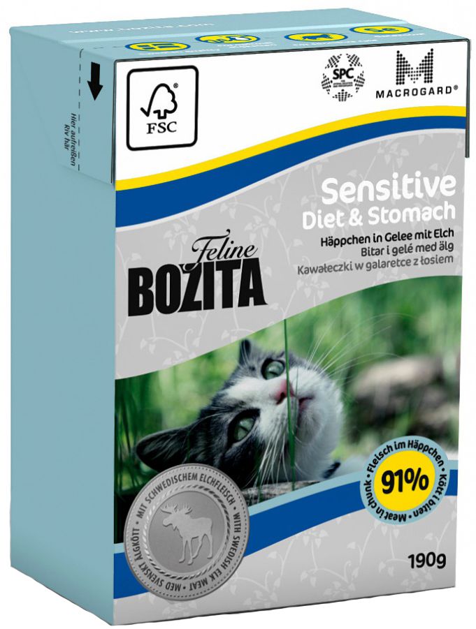 Bozita Feline Sensitive Diet & Stomach Лось в желе тетрапак для кошек 190 г 1