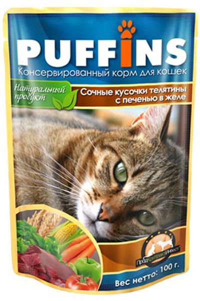 Puffins Телятина с печенью в желе/соусе пауч для кошек 100 г 1