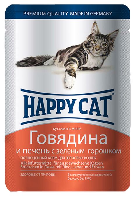 Happy Cat Говядина/Печень/Зел горошек в желе пауч для кошек 100 г 1